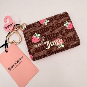 Juicy Couture Strawberry Monogram Card Holder Wallet Brown Pink Heart Keychain
